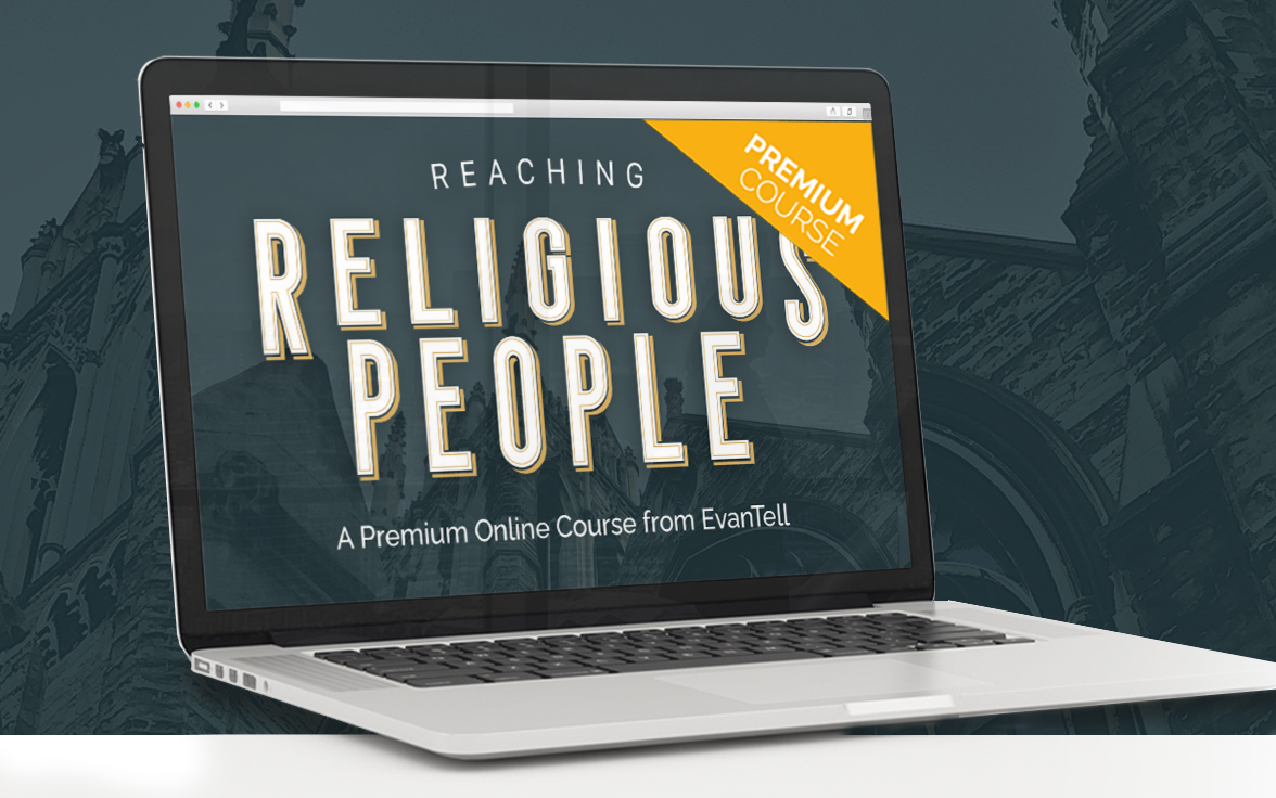 Laptop with reaching religious people course banner